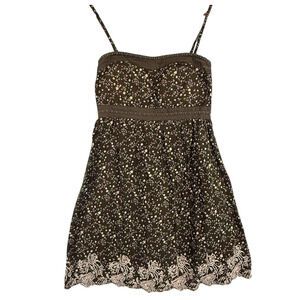 VTG Y2k Brown Dark Florals Embroidered Mini Dress Fairy Whimsy Cotton SIZE SMALL